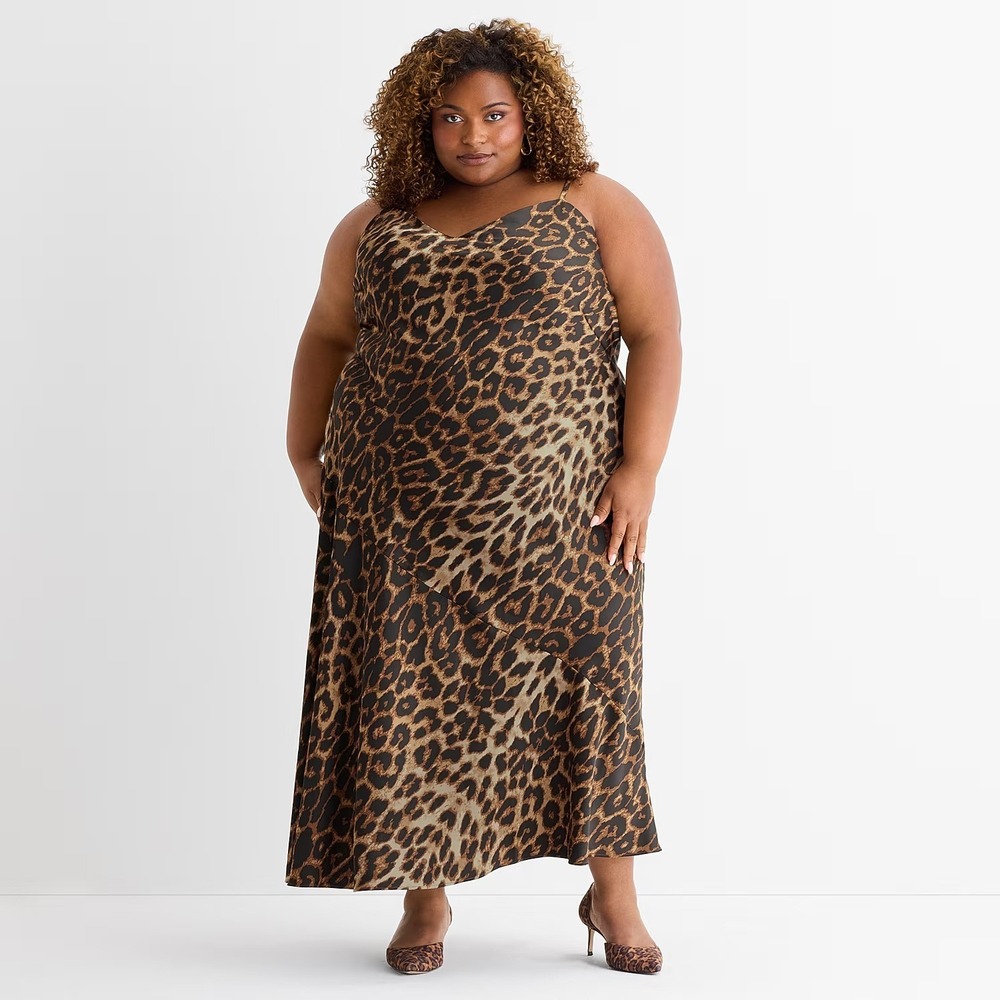 MSRP $90 Ashley Graham Bias Satin Womens 2X Leopard Sleeveless Slip Dress